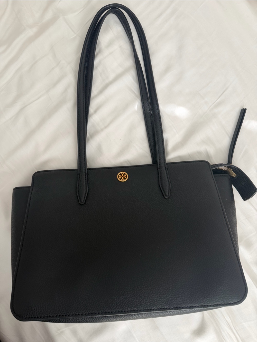 Tory Burch Black Pebbled Leather Tote with Gold Emblem